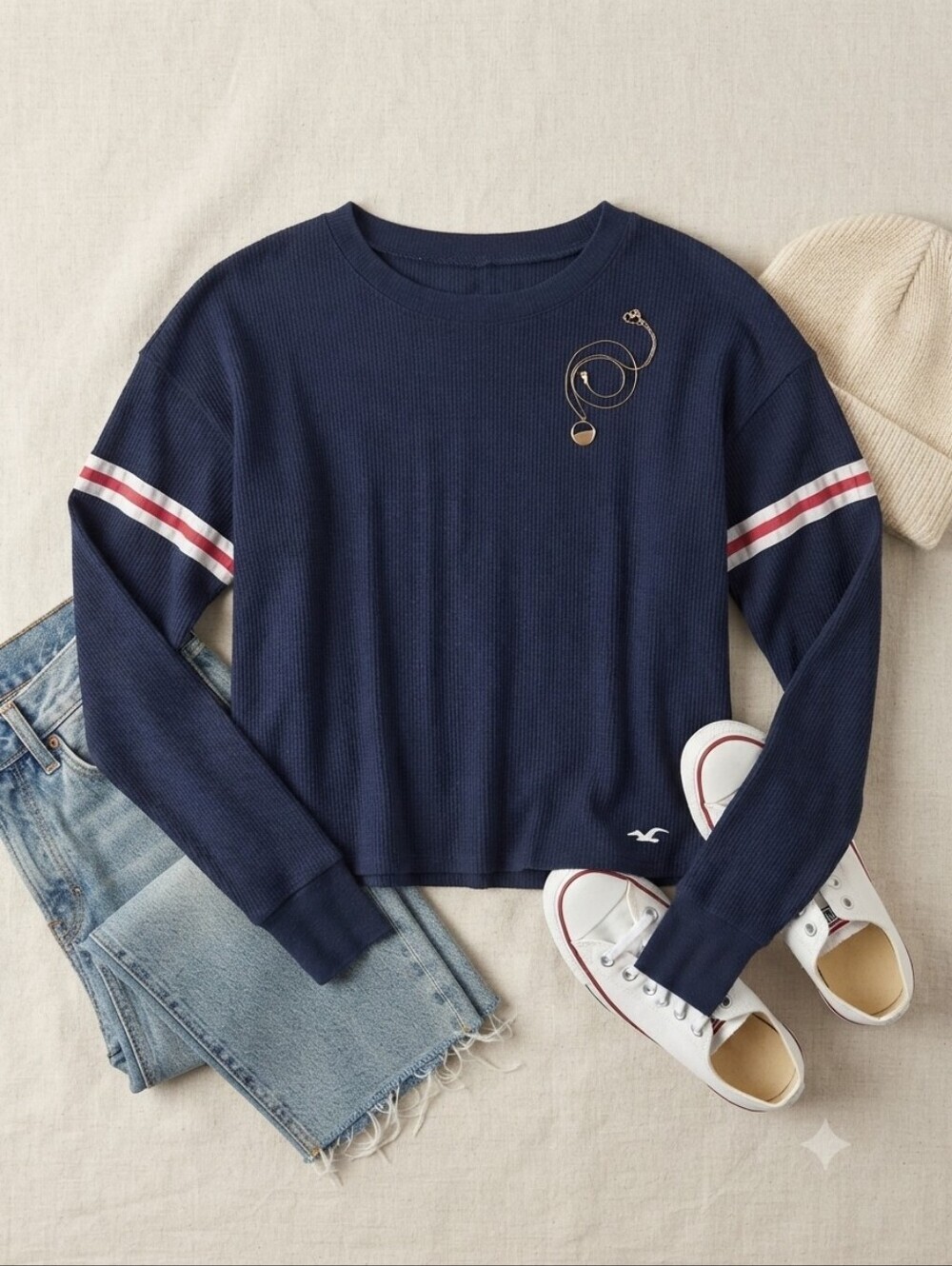 Hollister Navy Red Stripe Sleeves Thermal Waffle Boyfriend Tee